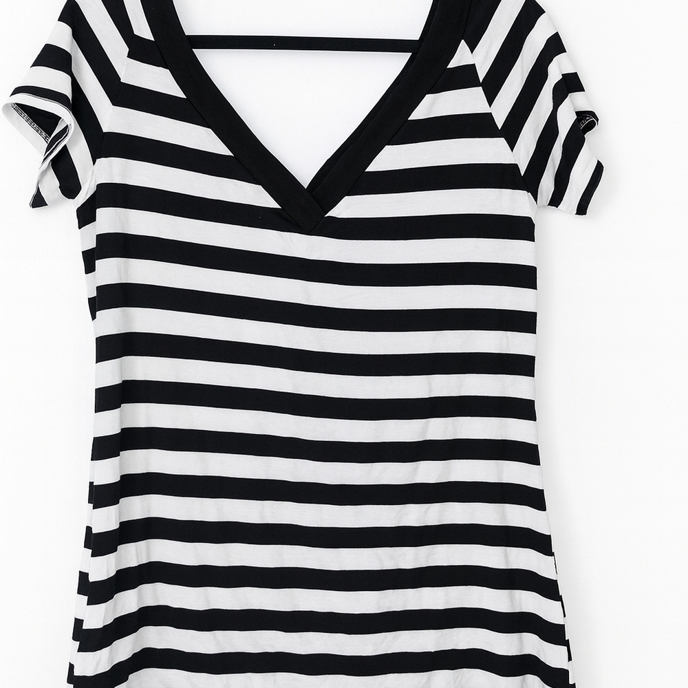 Black and White Striped V-Neck T-Shirt